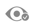 Human eye with tick checkmark grey icon. Healthy visual organ symbol