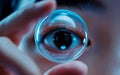 Human eye viewed through glass sphere with blue technological reflection, representing vision, future innovation and Royalty Free Stock Photo