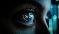 Human eye watching futuristic security system data generated by AI