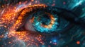 Human eye in world of digital data close-up, abstract network information background for cyber security theme. Concept of ai, Royalty Free Stock Photo