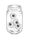 Human eyeballs in glass jar . Sticker, print or blackwork tattoo hand drawn vector illustration