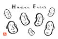 Human face, black ink line art, vector illustration, fine art, J