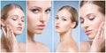 Human face in a collage. Young and healthy woman in plastic surgery, medicine, spa and face lifting concept.