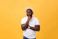 Human face expressions, emotions and feelings. Handsome young African American man looking up with thoughtful and Royalty Free Stock Photo