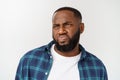 Human face expressions, emotions and feelings. Handsome young African American man looking up with thoughtful and Royalty Free Stock Photo