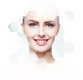 Human face in honeycomb. Young and healthy girl in plastic surgery, medicine, spa and face lifting concept.