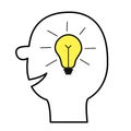 Human face icon. Black line silhouette. Idea light bulb in the head inside brain. Shining effect. Thinking process. Yellow switch