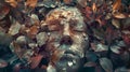 A human face partially dissolving into wind-blown leaves and petals, merging with the breeze Royalty Free Stock Photo