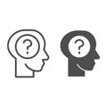 Human face with question line and solid icon. Man head silhouette and question inside outline style pictogram on white Royalty Free Stock Photo