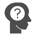 Human face with question solid icon. Man head silhouette and question inside glyph style pictogram on white background Royalty Free Stock Photo