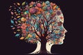 Human face tree with flowers, self care and mental health concept, positive thinking, creative mind illustration