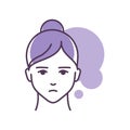 Human feeling boredom line color icon. Face of a young girl depicting emotion sketch element. Cute character on violet background