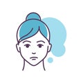 Human feeling helplessness line color icon. Face of a young girl depicting emotion sketch element. Cute character on blue