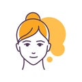 Human feeling satisfaction line color icon. Face of a young girl depicting emotion sketch element. Cute character on yellow