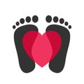 Human feet black silhouette heart shape centered vector. Footprint with toes icon. Royalty Free Stock Photo