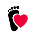 Human feet black silhouette heart shape centered vector. Footprint with toes icon.