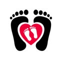 Human feet red and black silhouette with inside heart shape feet vector. Footprint with toes icon.