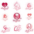 Human fetus hand-drawn vector emblems collection isolated on white. New life conceptual symbols. Pregnancy support and mother car