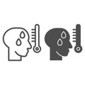 Human with fever line and solid icon. Man head with high temperature on thermometer outline style pictogram on white Royalty Free Stock Photo