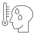 Human with fever thin line icon. Man head with high temperature on thermometer outline style pictogram on white Royalty Free Stock Photo