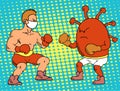 Cartoon male boxer fighting against coronavirus wearing boxing gloves