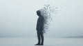 Human figure dissolving into blocks in a minimalistic landscape Royalty Free Stock Photo