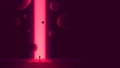 Human figure in front of portal to another dimension, space gate with a bright pink glow and flying balls, futuristic abstraction Royalty Free Stock Photo