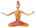 Human figure in a meditative yoga pose. abstract watercolor illustration of pink-orange color