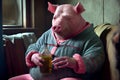 A human figure resembling a pig, holding a bottle of alcohol, symbolizing the concept of alcohol addiction and its