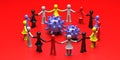 Human figures circle holding hands around coronavirus on red background. Solidarity concept. 3d illustration Royalty Free Stock Photo