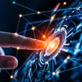 A human finger gently tapping a luminous digital interface, surrounded by complex lines and dots illustrating