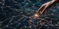 Human finger gently touches bright digital network lines, activating glowing data points in an interconnected abstract virtual Royalty Free Stock Photo