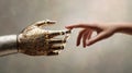 Human finger touching ornate golden robot hand, symbolizing artificial intelligence connection, future technology advancement, and Royalty Free Stock Photo