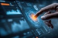 Human finger interacting with futuristic digital interface touchscreen displaying data analytics and advanced technology controls Royalty Free Stock Photo
