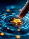 Human finger interacting with glowing star icon on futuristic digital interface representing technology and user experience in a Royalty Free Stock Photo