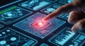 Human finger pressing glowing microchip icon on holographic touchscreen interface, for secure data access, digital Royalty Free Stock Photo