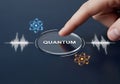 Human finger pressing quantum button between atomic structures and waveform visualizations Royalty Free Stock Photo