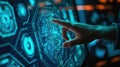 Human Finger Pushes Touch Screen Button and Activates Futuristic Artificial Intelligence. Visualization of Machine