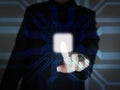 Human Finger Pushes Touch White Virtual Screen Button to Activate Futuristic Artificial Intelligence, AI. Machine Learning.