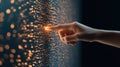 Human finger reaches, activating glowing digital wall. Luminous data points illuminate dark space. Abstract virtual world Royalty Free Stock Photo