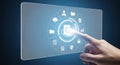 Finger touching digital interface with circular data icons and documents technology Royalty Free Stock Photo