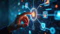 Human finger touches glowing padlock on digital screen interface. Virtual network connects secure data icons. System access, Royalty Free Stock Photo