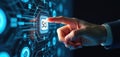 Human finger touches Sql button futuristic digital interface. Structured Query Language concept, software development, coding, Royalty Free Stock Photo