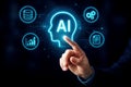 Human finger touching AI head icon with surrounding data and technology symbols on dark background artificial intelligence Royalty Free Stock Photo