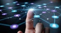 Human finger touching digital network grid glowing nodes technology connection concept Royalty Free Stock Photo