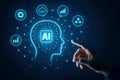 Human finger touching a glowing AI brain icon with connected data icons in a digital network artificial intelligence Royalty Free Stock Photo