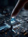 Human finger touching a glowing AI microchip on a high-tech computer circuit board background Royalty Free Stock Photo