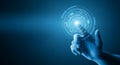 Human finger touching glowing blue digital interface circle technology futuristic Royalty Free Stock Photo