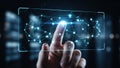 Human finger touching a glowing blue digital network interface on a futuristic holographic screen Keywords: human Royalty Free Stock Photo