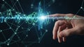 Human finger touching a glowing digital network of interconnected lines and nodes with sound wave visualization Royalty Free Stock Photo